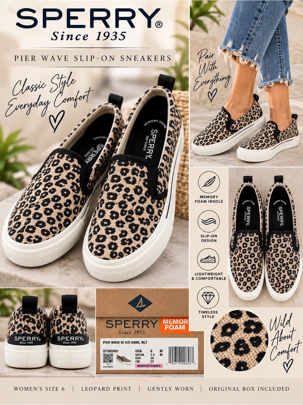 Sperry Pier Wave Women’s Leopard Animal Print Slip-On Sneakers Memory Foam